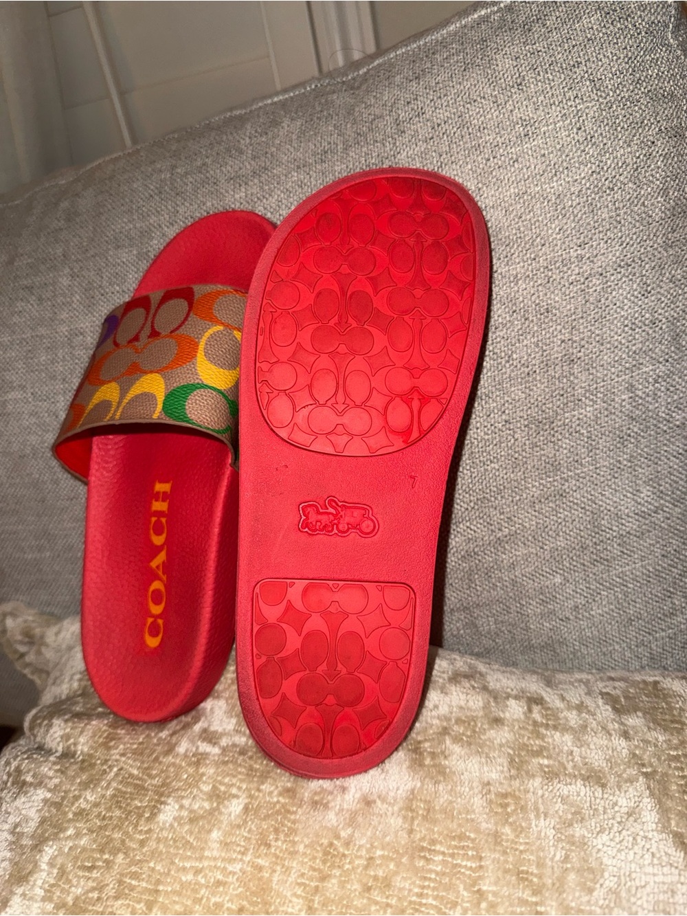 Coach unisex Rainbow Signature Slide Sandals with Red Footbed - Picture 6 of 8